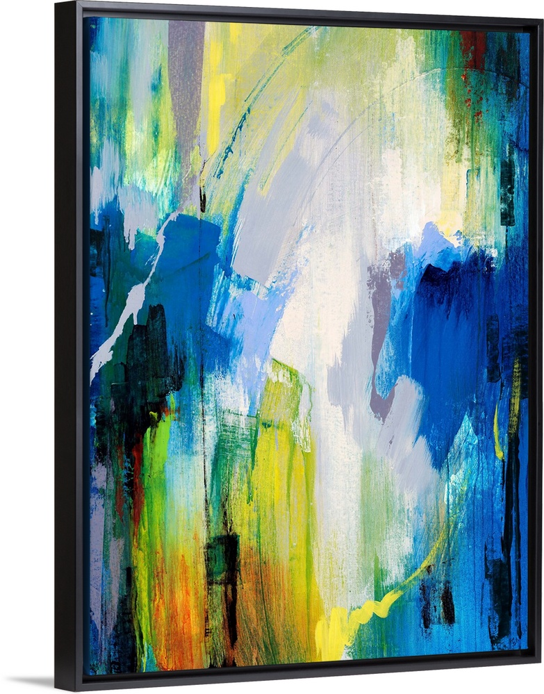Contemporary abstract painting with bright, cool strokes of color great for home or office docor.