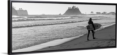 Surfer on the Shore, La Push Beach, Washington, USA - Black and White