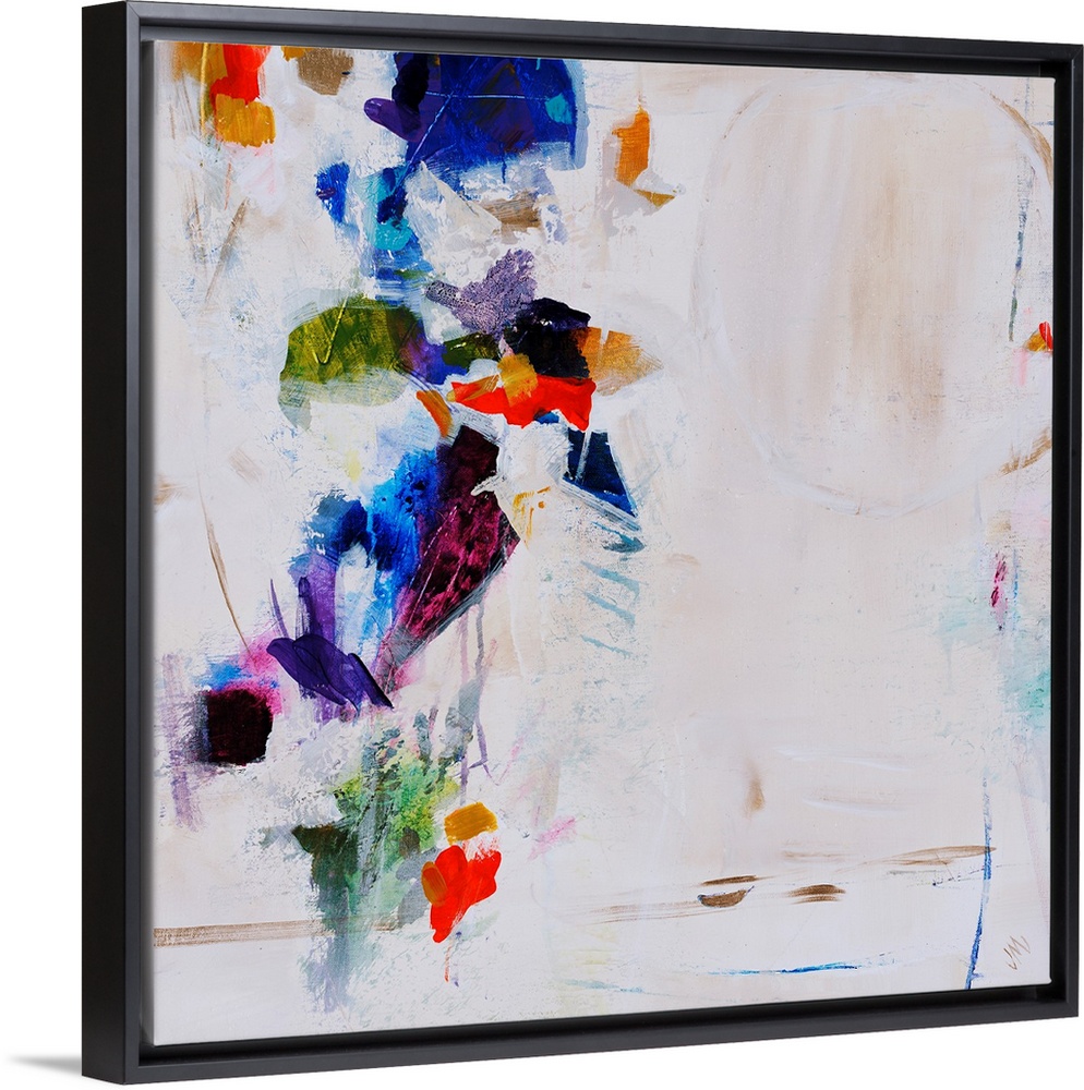 Abstract painting featuring vibrant splotches of color over a neutral background.