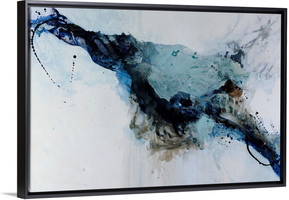 Abstract painting in black and blue against a cool gray background.