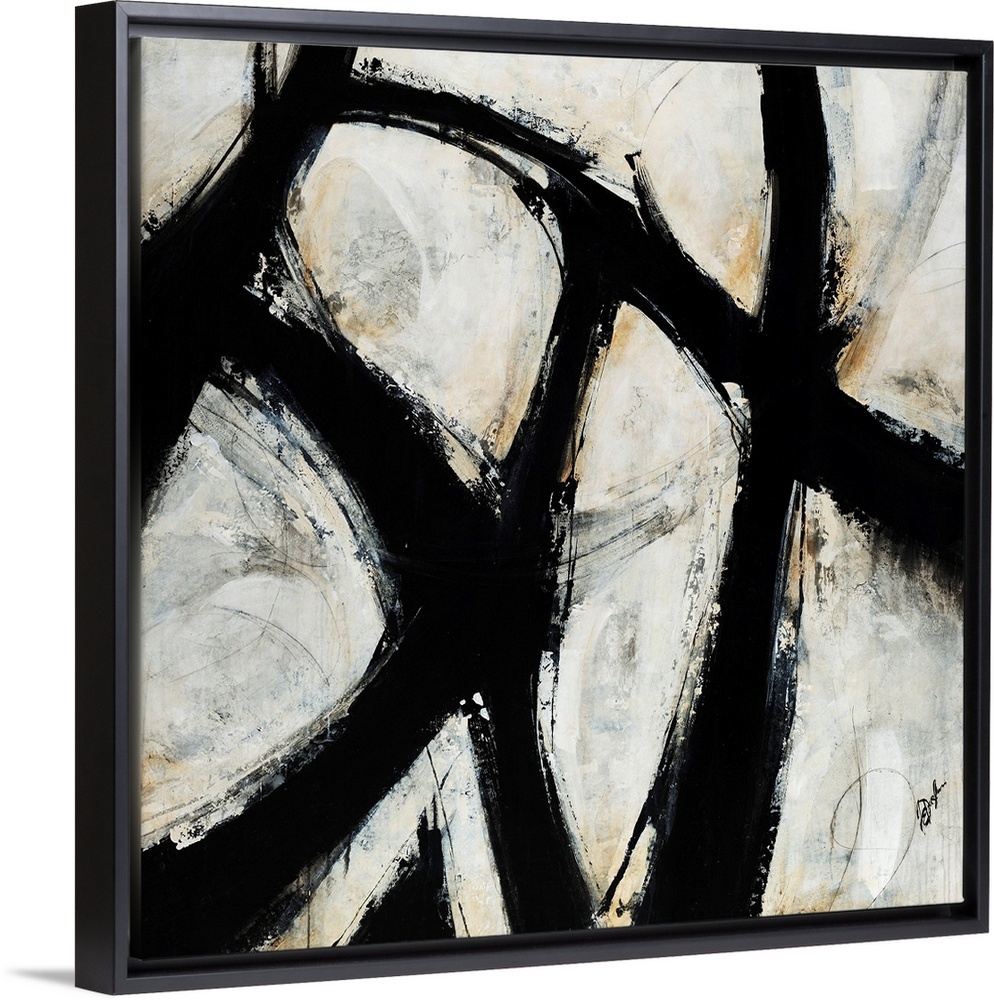 Contemporary abstract painting of black brush strokes over a netural background.