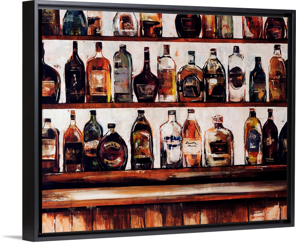 Contemporary painting of shelves of liquor in a bar setting.