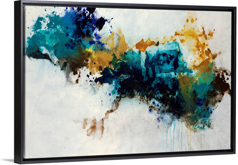 Contemporary abstract painting of a huge splatter in teal, blue and golden yellow hues crossing the compositional horizont...