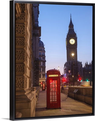 Telephone Booth and Big Ben at Night, Westminster, London, England, UK