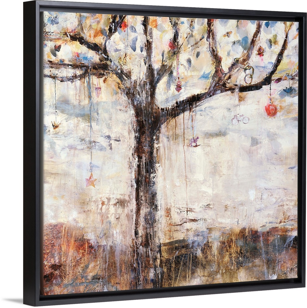 Abstracted painting of a tree with various  charms and bobbles hanging from its branches.