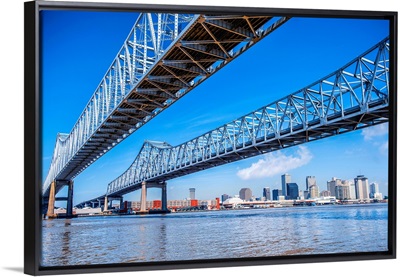 The Crescent City Connection and New Orleans Skyline Over the Mississippi Bridge