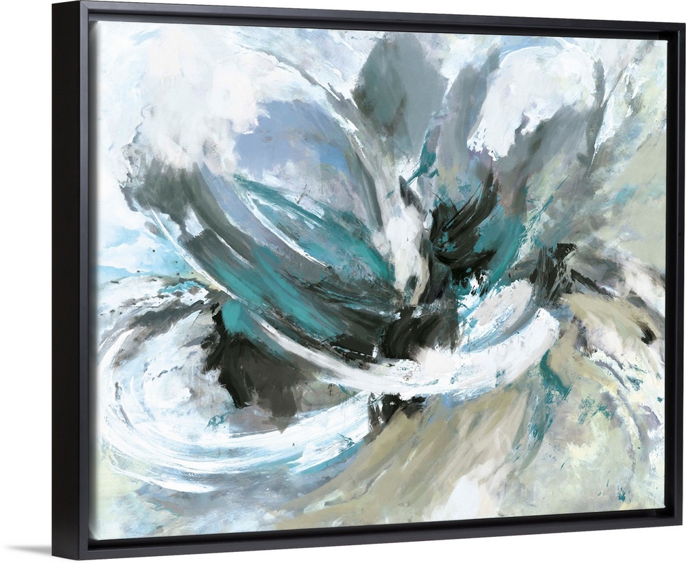 A contemporary abstract painting using mostly pale tones with splashes of neutral white tones to give contrast.