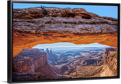 The Mesa Arch with bright sunlight in Canyonlands National Park, Utah