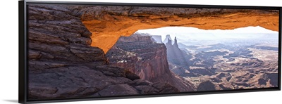 The Mesa Arch with bright sunlight in Canyonlands National Park, Utah