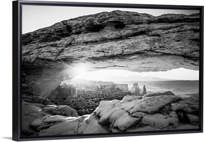 The Mesa Arch with bright sunlight in Canyonlands National Park, Utah