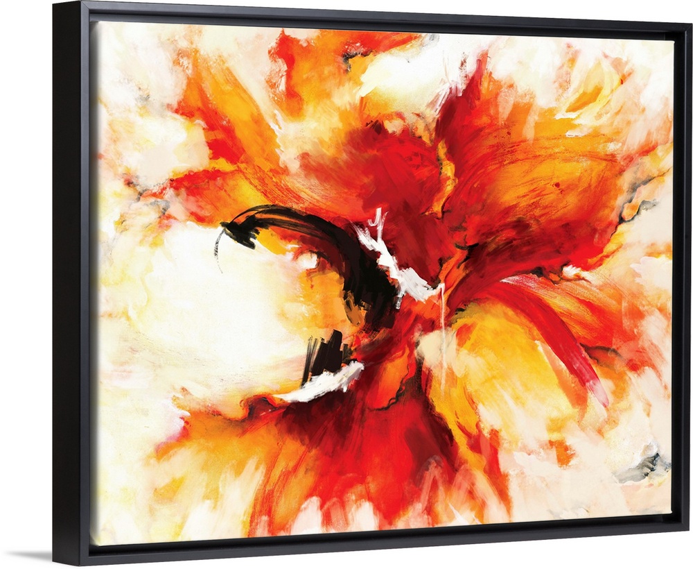 A contemporary abstract painting of a fiery explosion of red and orange with bursts of yellow like a phoenix rising from i...