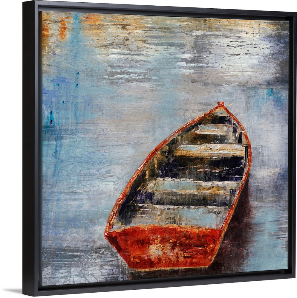 Textured painting of an empty rowboat sitting in calm water at sunset.