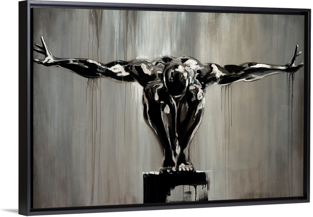 Oversized, landscape, figurative art of a muscular man, squatting down with his head between his knees, arms outstretched....