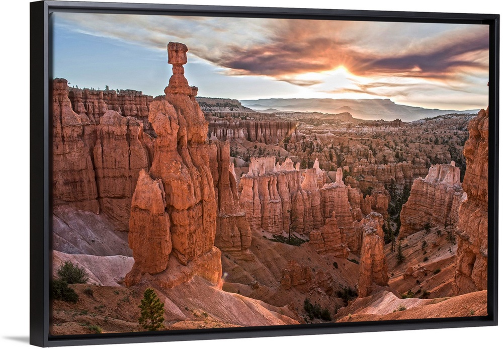 Cloudy skies over the hoodoos, including the Thor's Hammer structure in Bryce Canyon National Park, Utah.