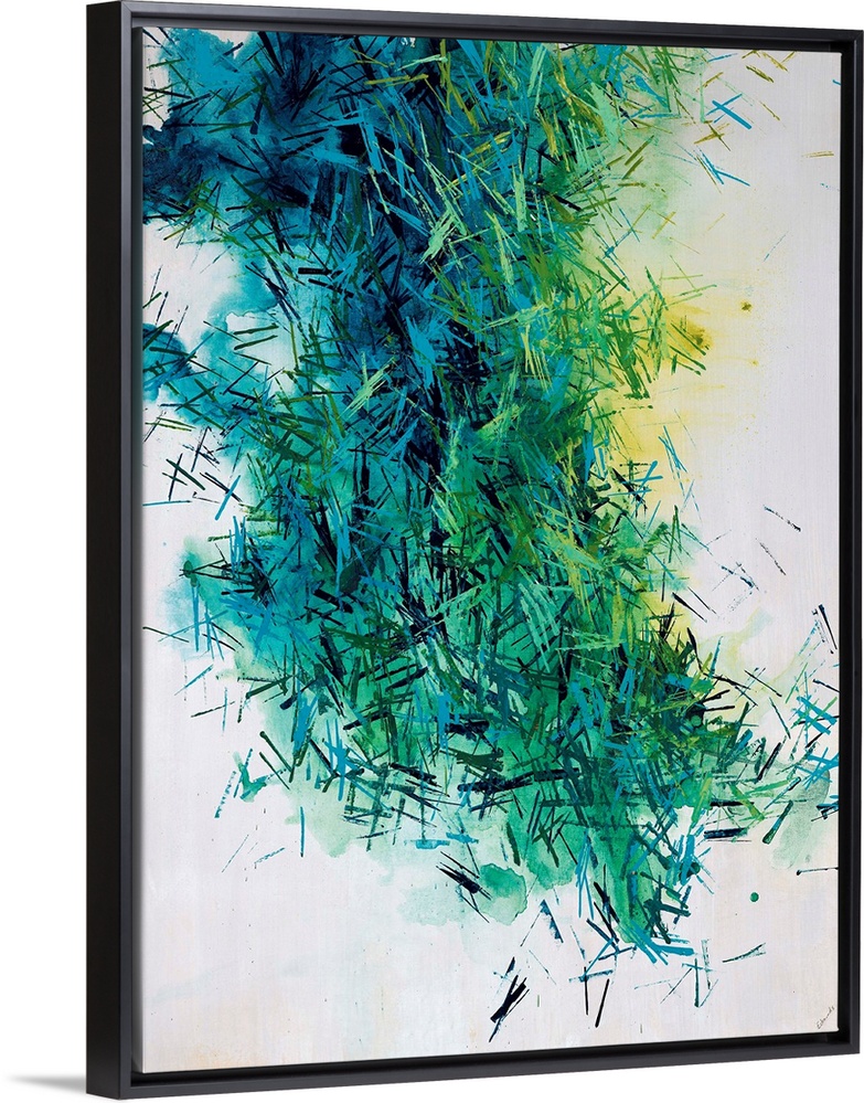 Abstract art of a large cluster of pine needles in cool and golden tones on a light neutral background.