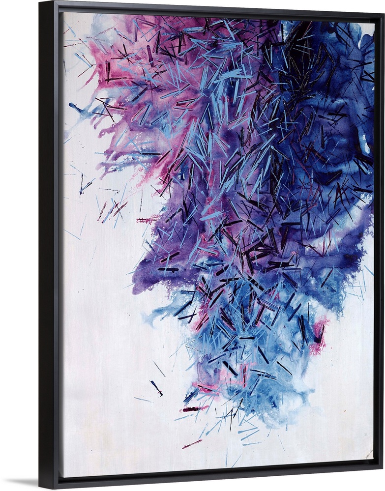 Abstract art of a large cluster of pine needles in cool and warm tones on a light neutral background.