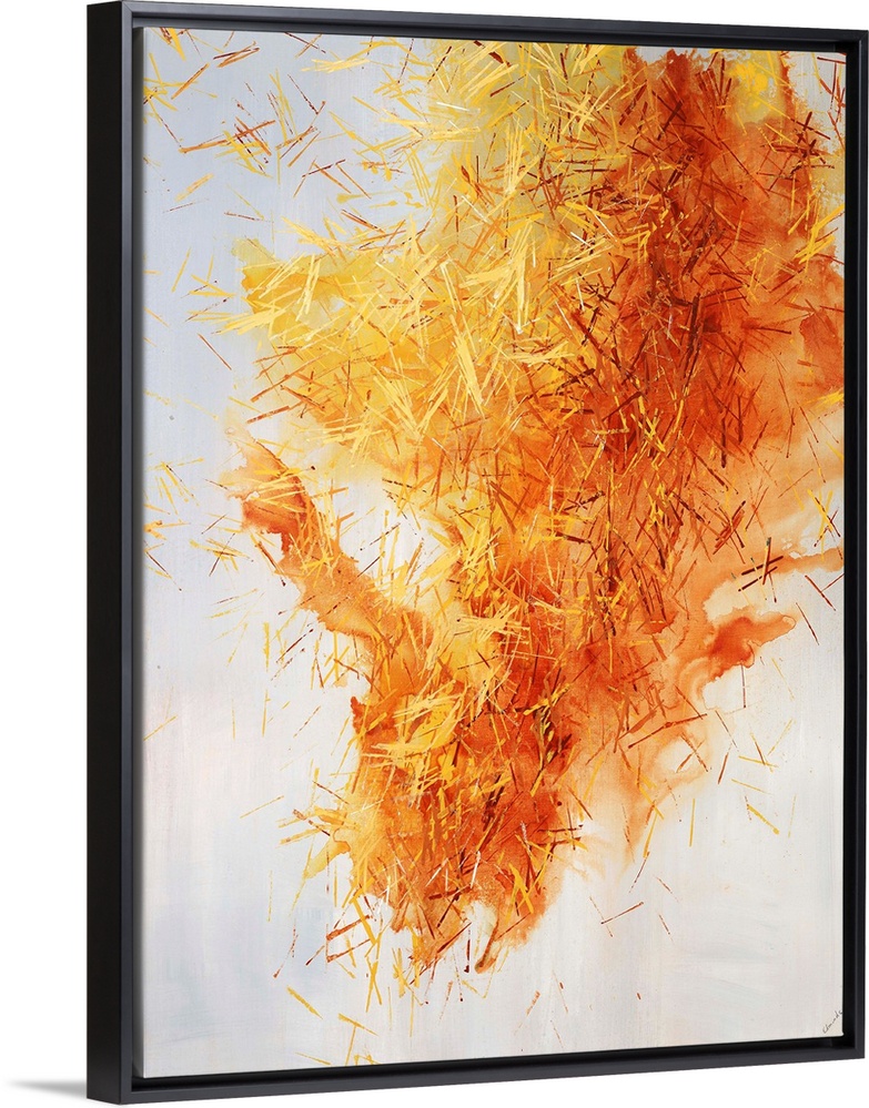 Abstract art of a large cluster of pine needles in golden warm tones on a light neutral background.