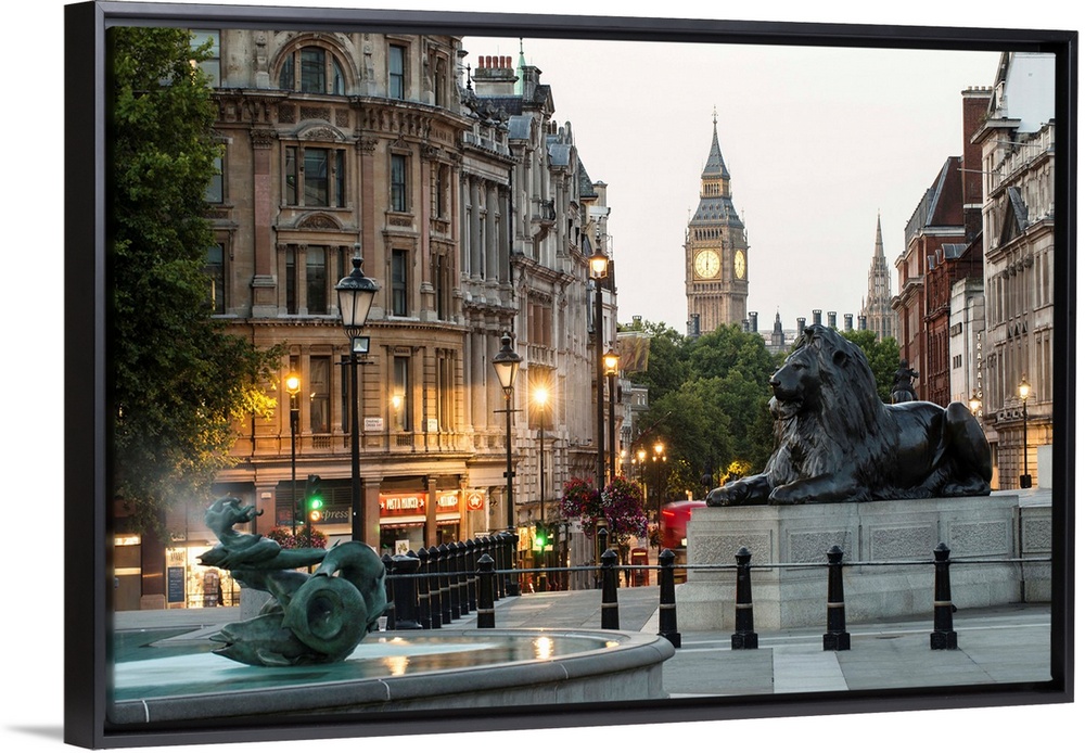 Photograph of the lions at Trafalgar Square with Big Ben in the background, London, England