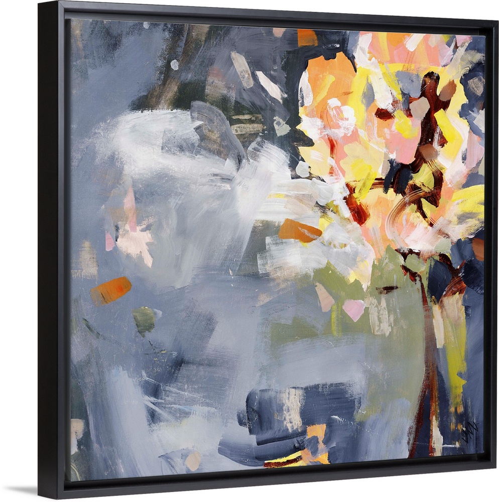 Square abstract painting of florals over an indigo background.