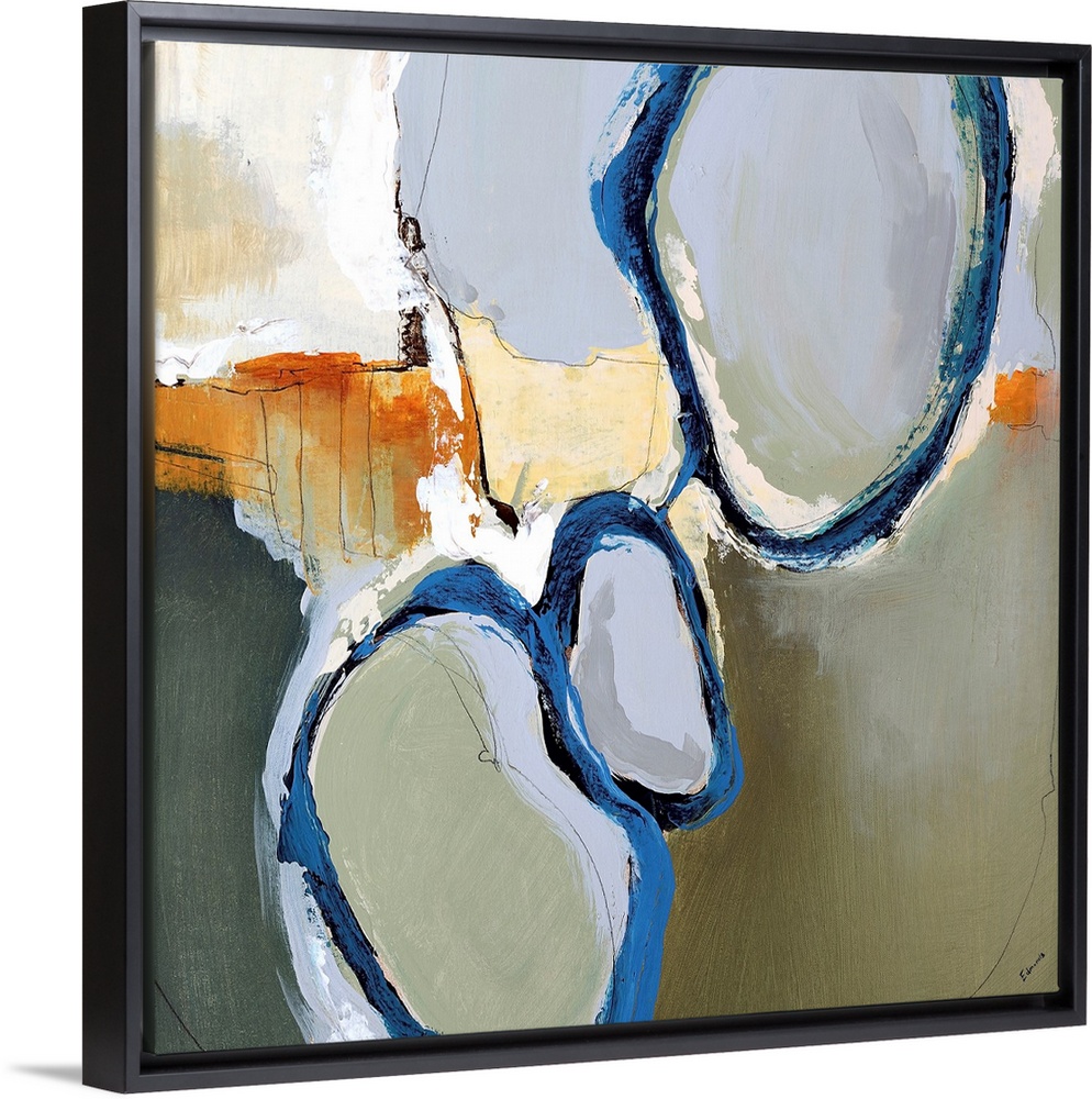 Contemporary painting of several circular shapes surrounded by blue brushstrokes, on a background of earth tones with a wa...