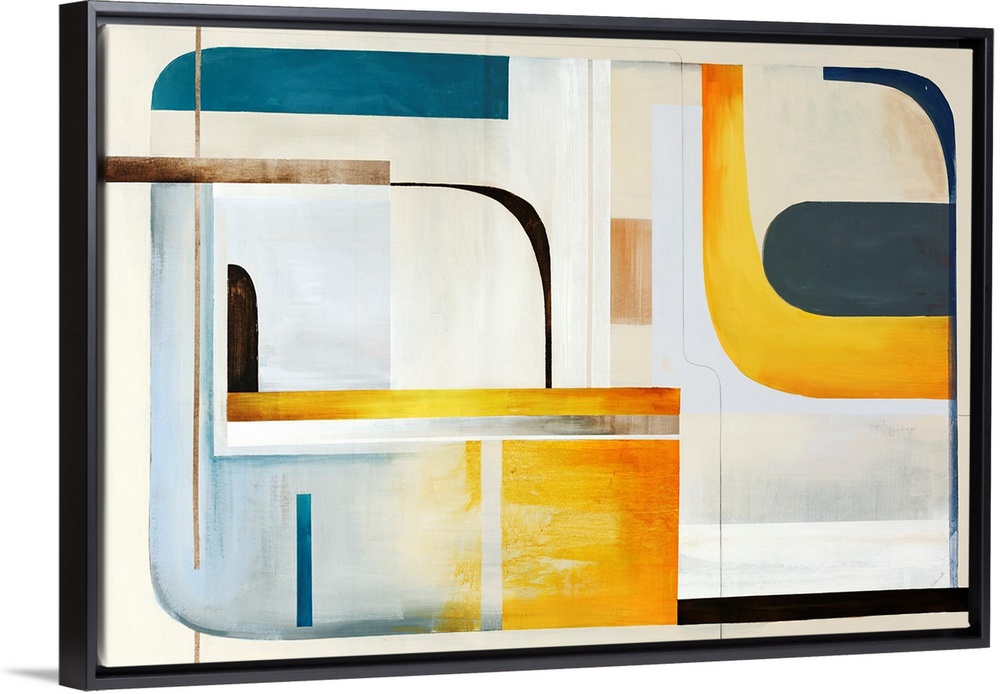 Modern painting of geometric shapes and lines reminiscent of mid century modern styles.