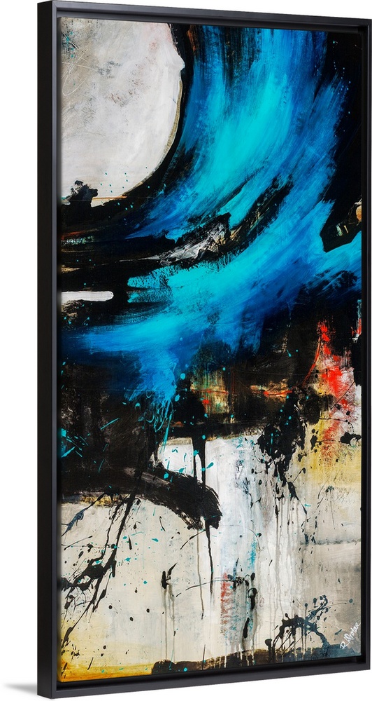 Vertical abstract painting of a large, dark, swirling wave of paint that is splattered on the edges, on a light background...