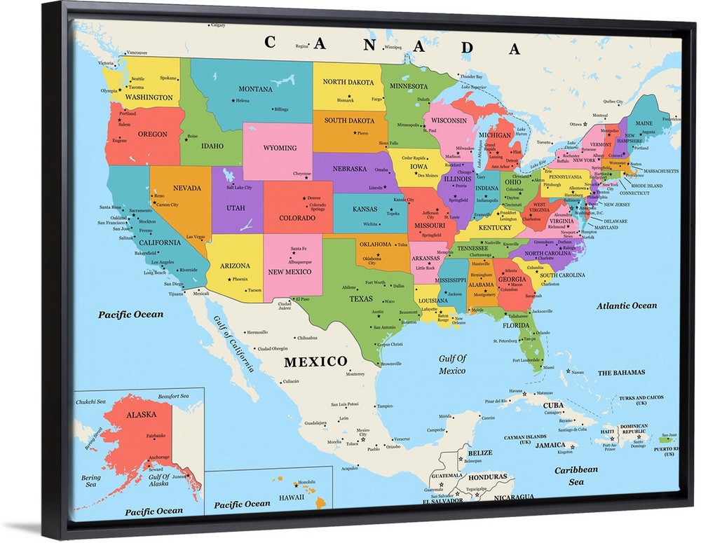 Large color map of the United States of America with a classic font.