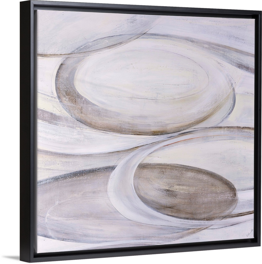 Monochromatic abstract art of ovular shapes in various shades of cream.