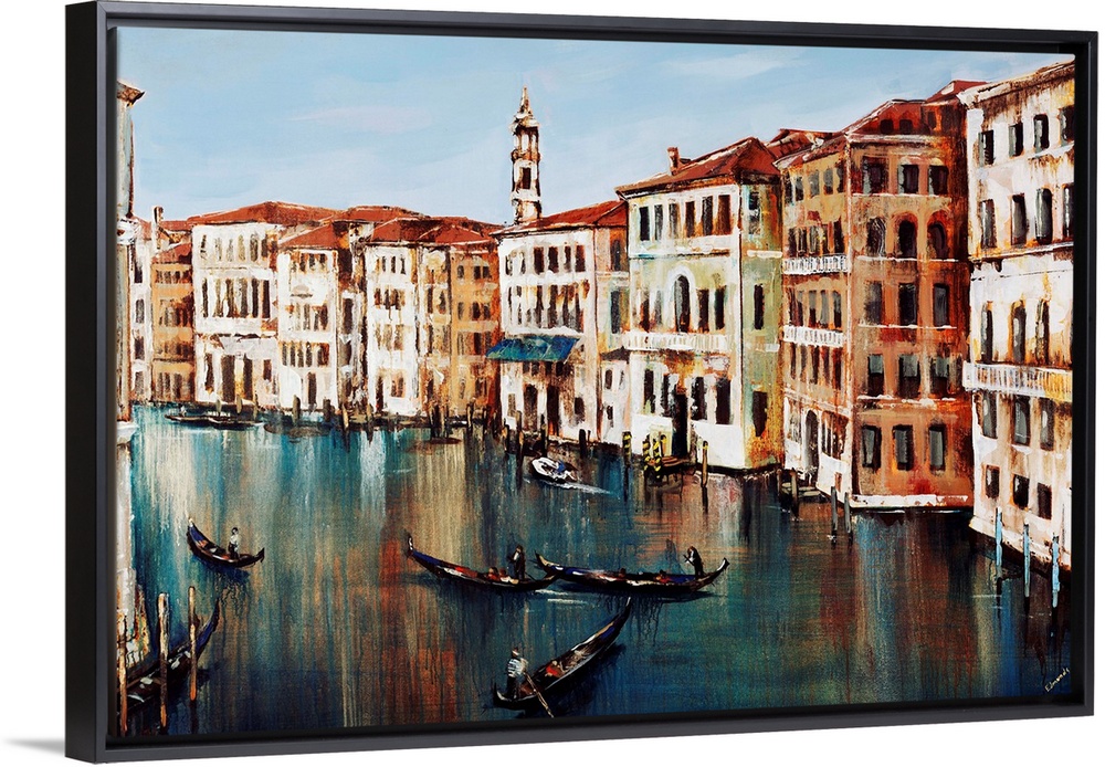 Contemporary painting of gondolas on the Grand Canal in Venice, Italy.
