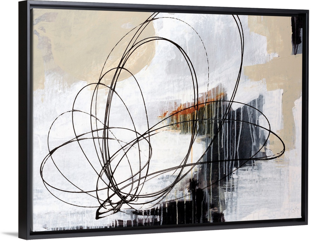 Horizontal abstract art work of layered paint textures with rapid, circular shapes drawn in this line art on top.