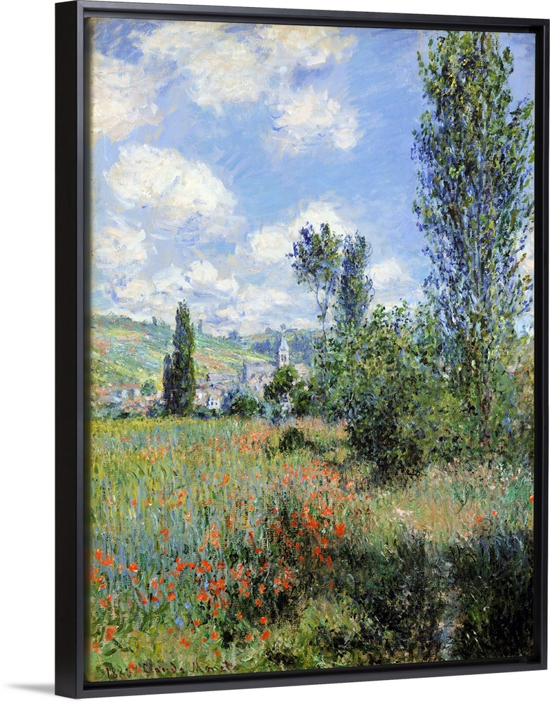 The footpath winding through the poppy field at bottom right points the way toward the church tower at Vetheuil, the villa...