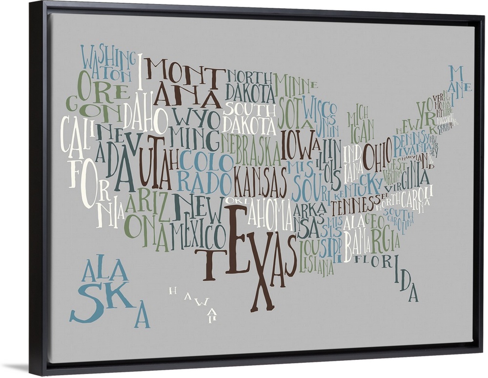 A hand-drawn typography map of the United States with all the state names, in white, blue, and black.