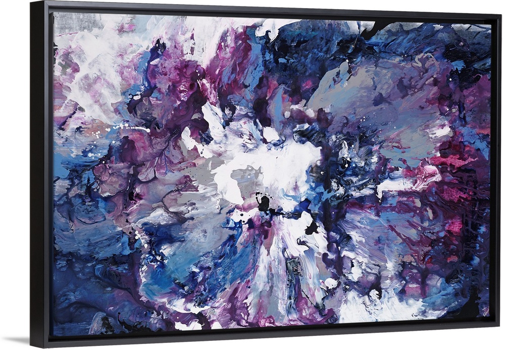 Contemporary abstract painting of clouded forms in various shades of violet.