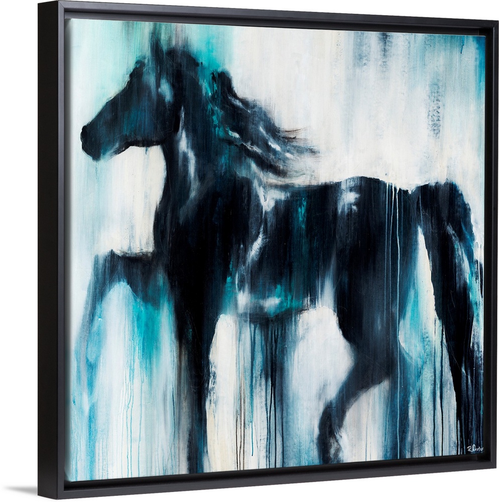 Giant, horizontal painting of a silhouetted profile of a horse on a light background. The entire image appears as if it be...