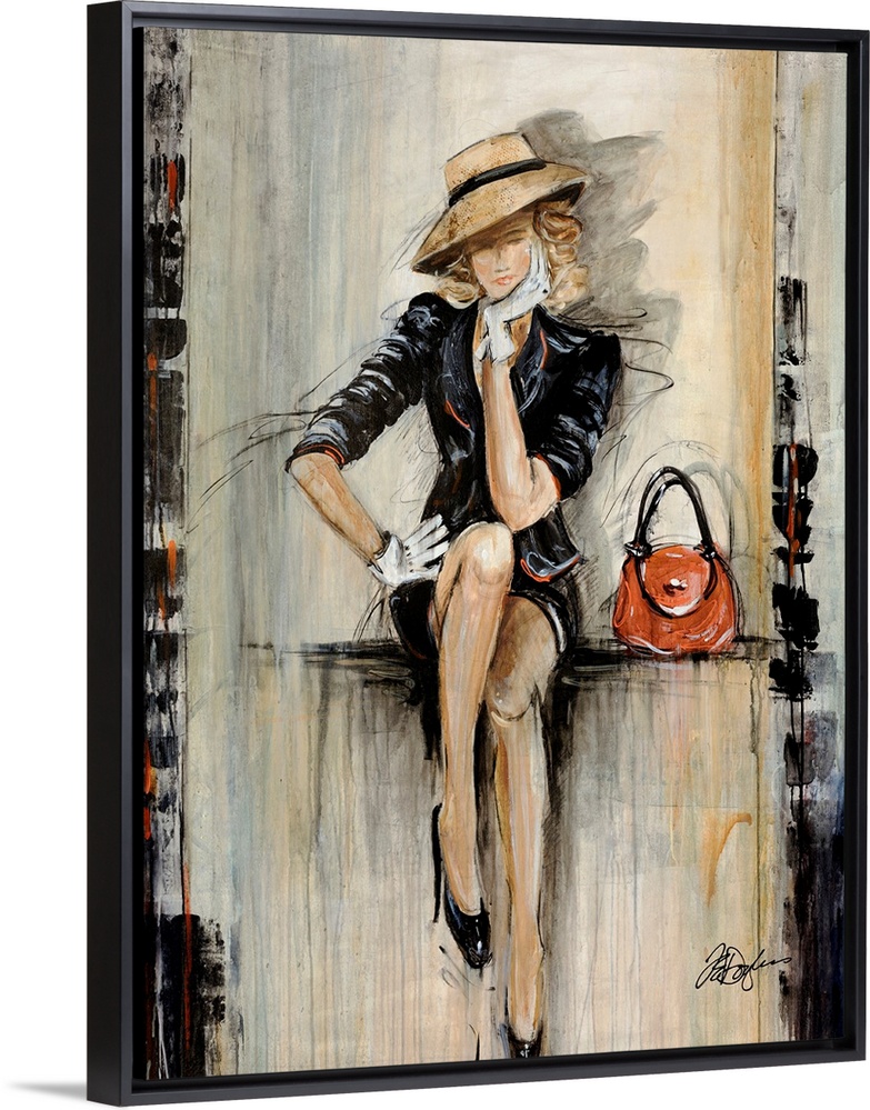 Vertical, figurative art on a big canvas of a woman in a fashionable dark dress and hat, with gloves and high heels, sitti...