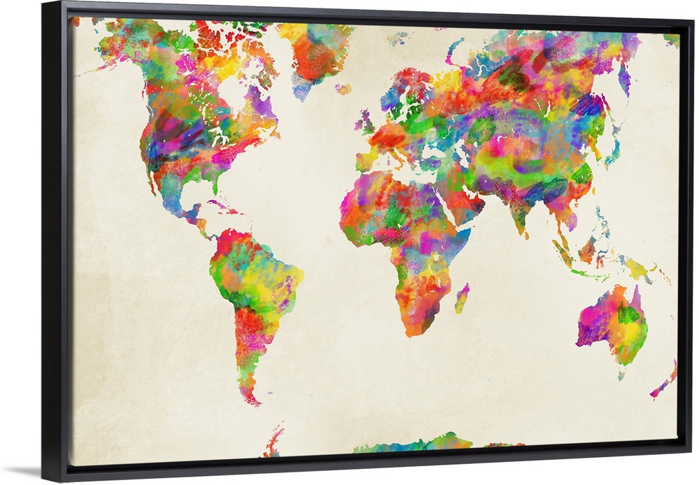 Colorful watercolor map of the World on a neutral background.