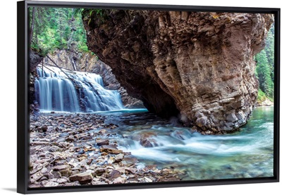 Waterfall And Boulder At Johnston Canyon, Banff National Park, Alberta, Canada