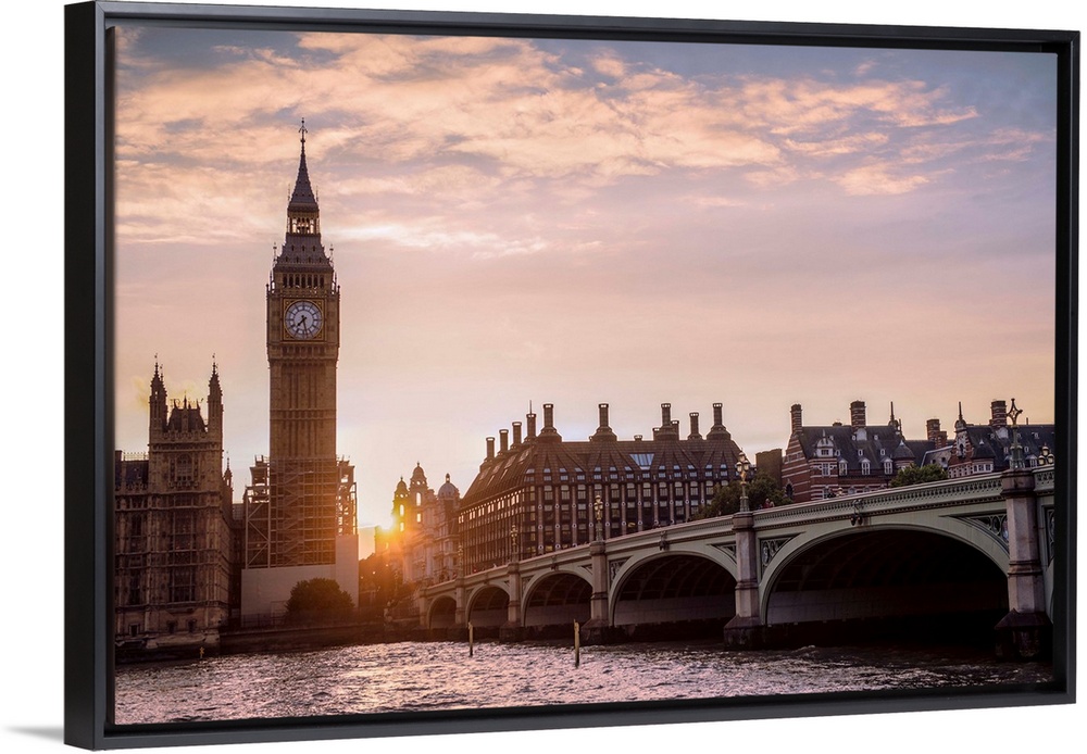 Panoramic photograph of the Westminster Bridge over the River Thames and Big Ben at sunset, Westminster, London, England, UK