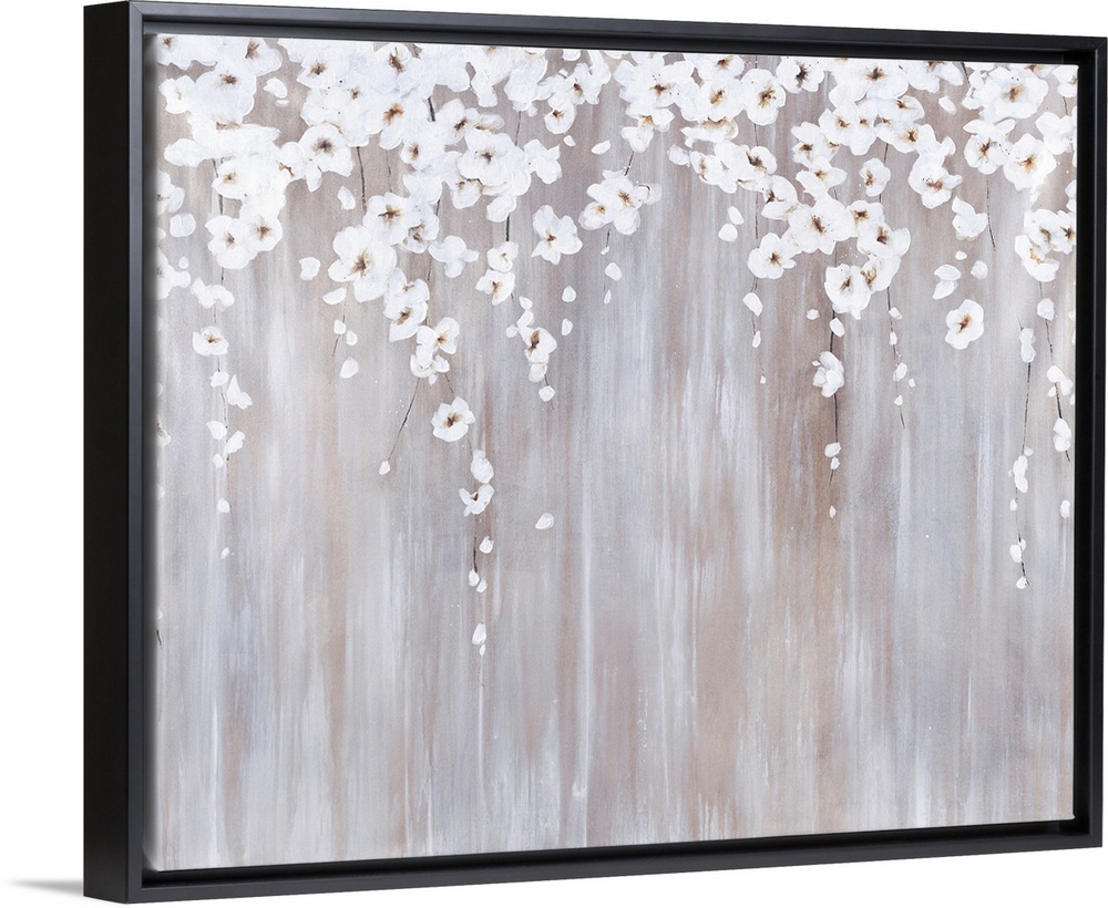 Contemporary abstract painting using light earthy tones with cascading flowers from the top of the frame.