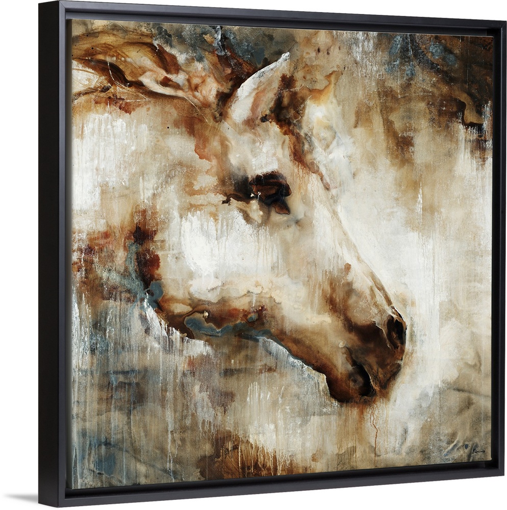 Huge contemporary art shows a portrait of a horse's head from a side view through a multitude of earth tones.