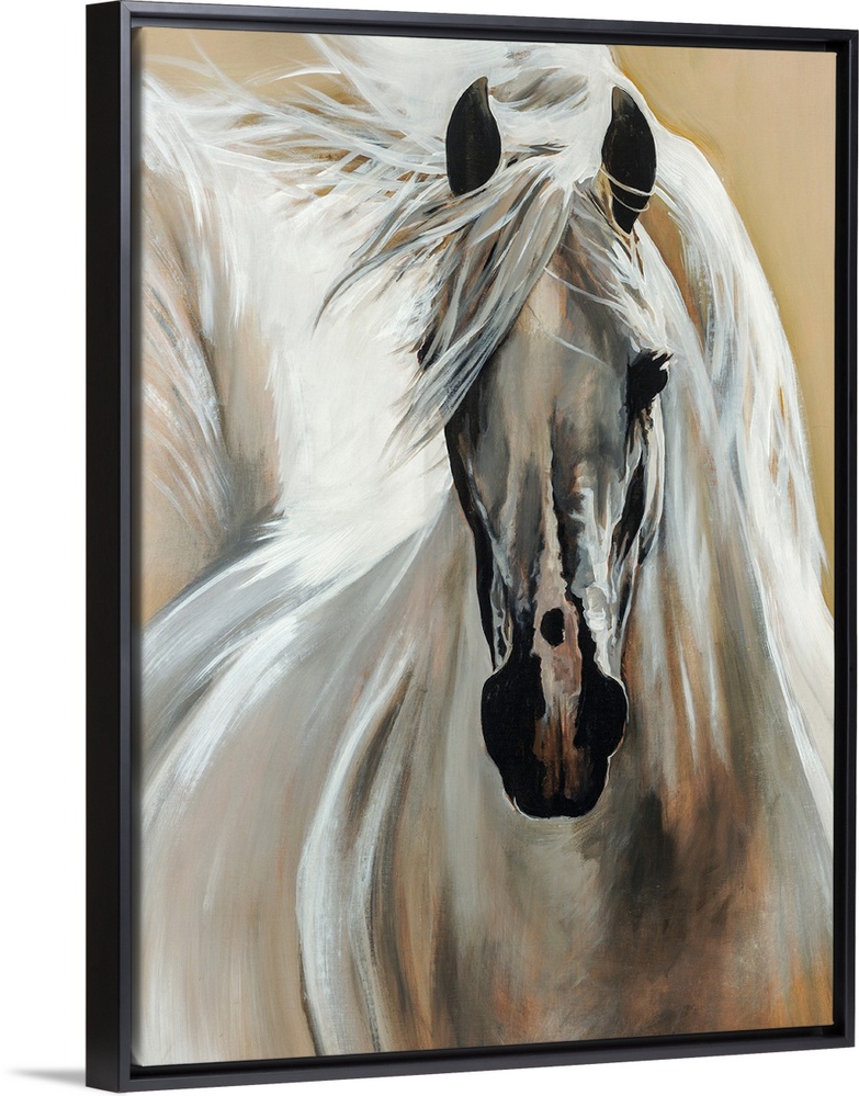 Contemporary painting of a horse galloping with its bright mane and tail flowing behind it.