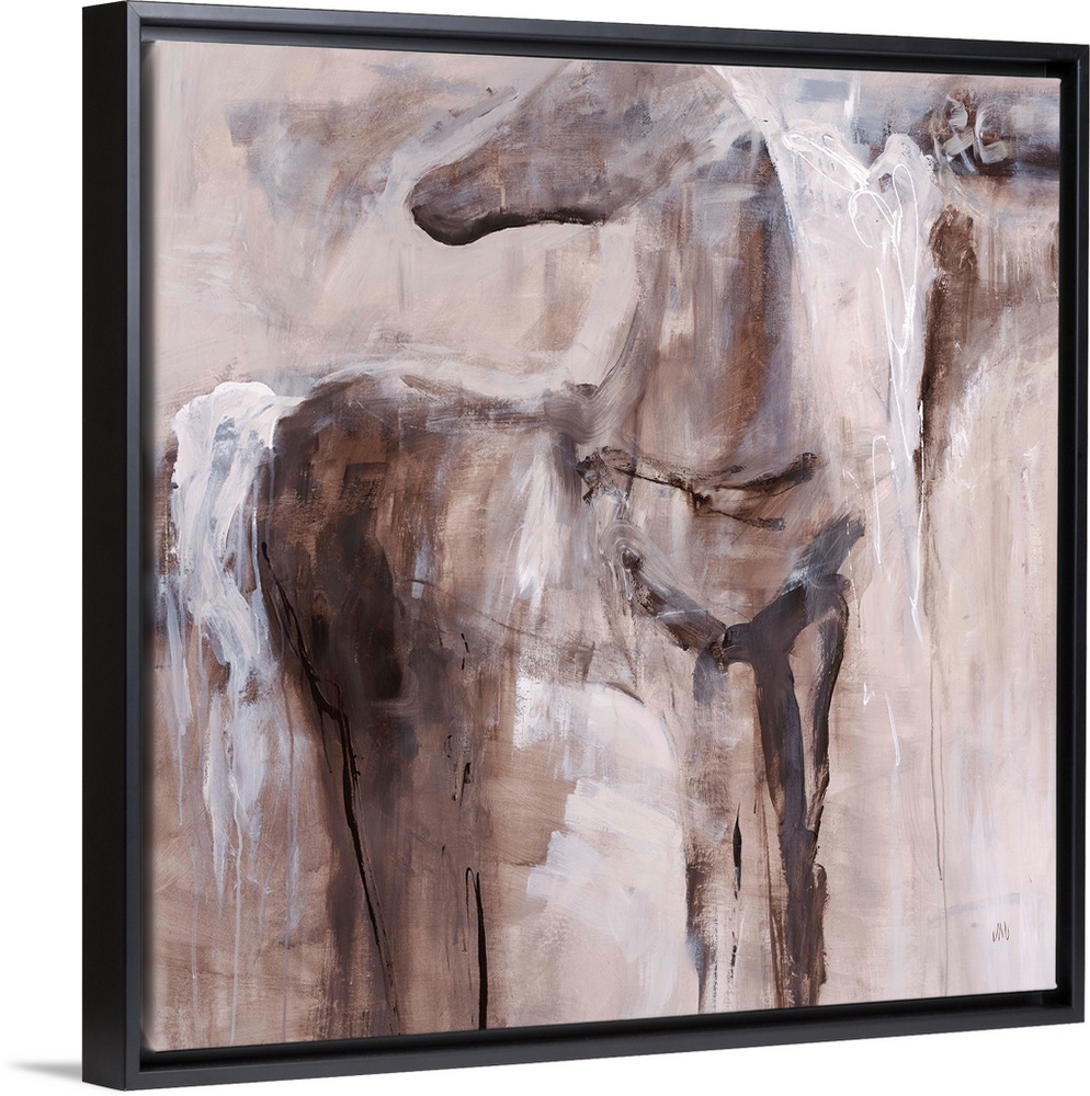 Abstract painting of a figure of a horse fading into the background of earthy tones.