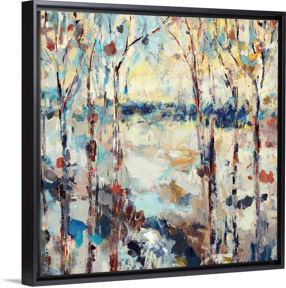 A dramatic abstract painting of a path through a forest on square shaped wall art.
