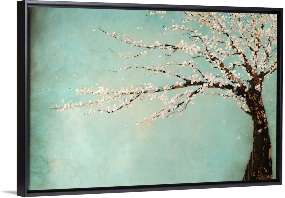 Painting of a tree full of blooming flowers swaying in the wind against a cool background.