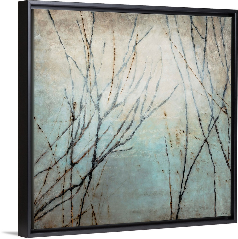 Painting of tree limbs on top of a grungy backdrop on a square canvas.