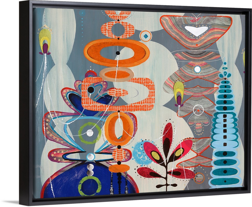 Fun, contemporary painting of eclectic shapes and patterns, reminiscent of the iconic candy factory tale.