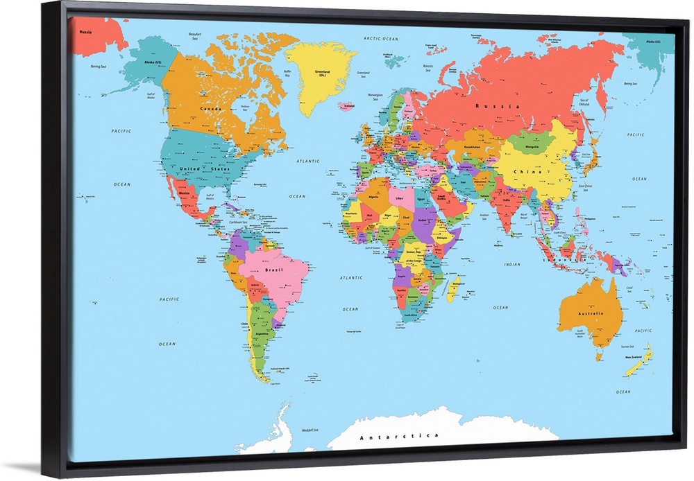 Large color map of the World with a modern font.