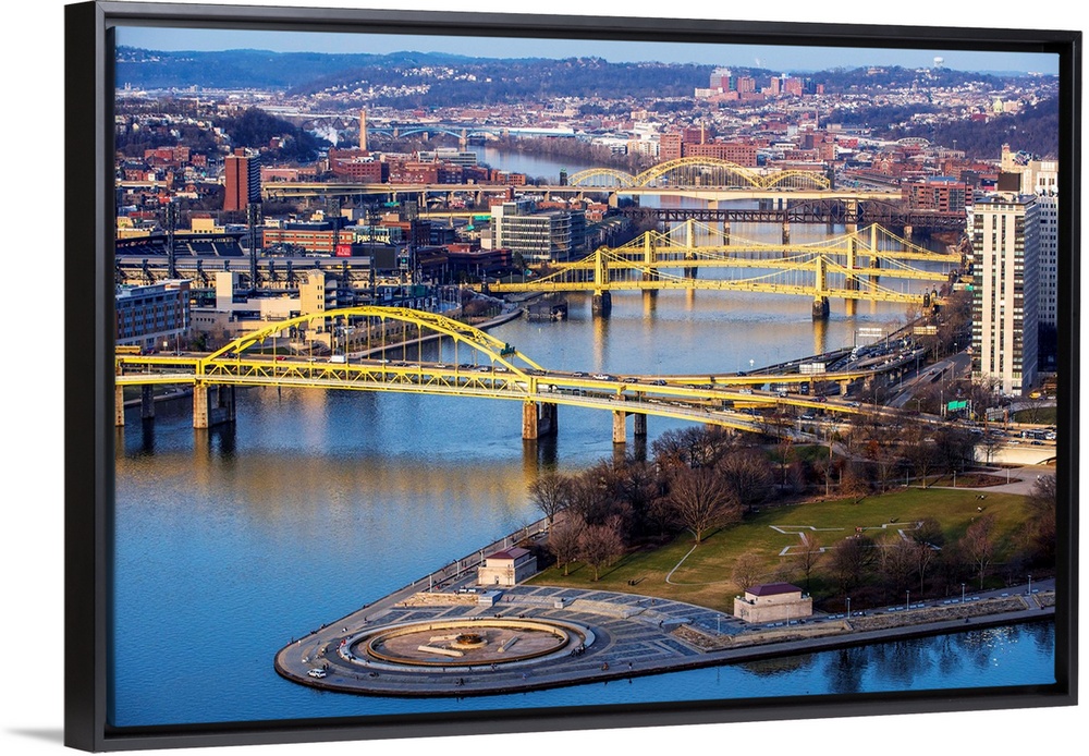 Photo of Fort Duquesne Bridge, Three Sisters Bridges, and David Mccullough Bridge with Point State Park.