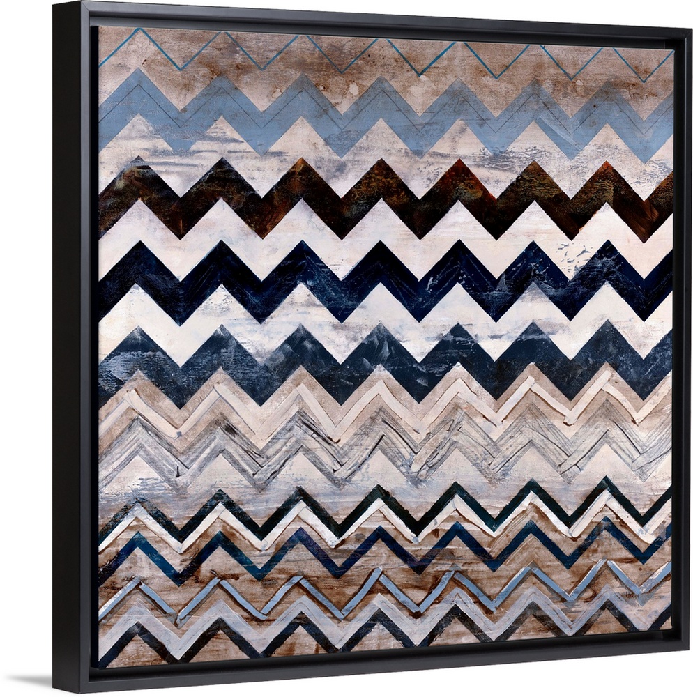 Abstract contemporary painting of a triangular pattern done in neutral earth tones on a square canvas.