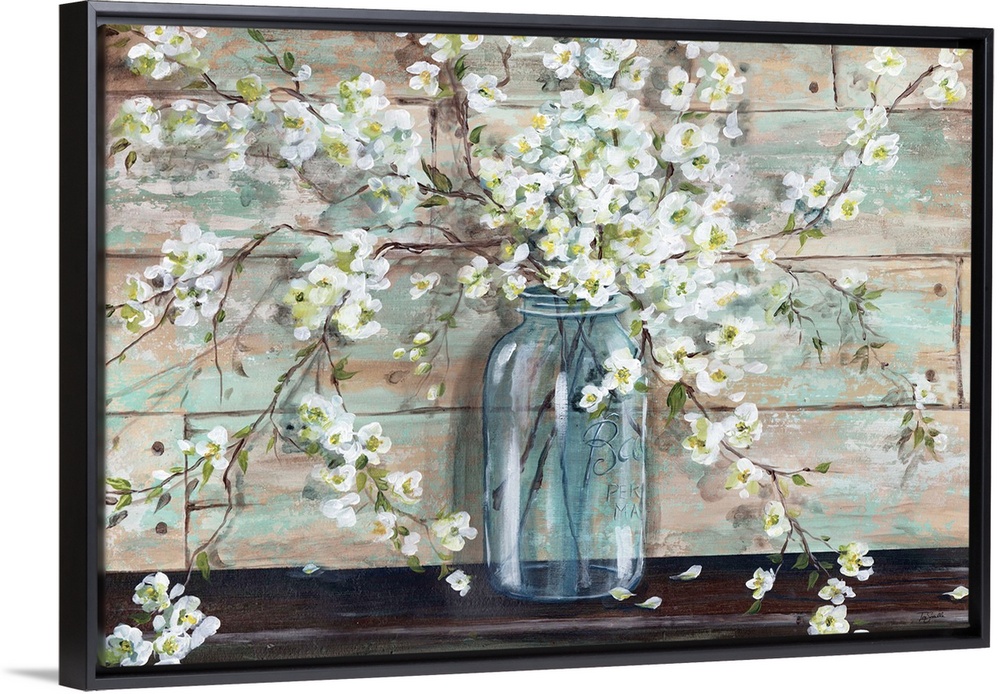 A decorative painting of a glass mason jar full of white blossoms in subdue tones.